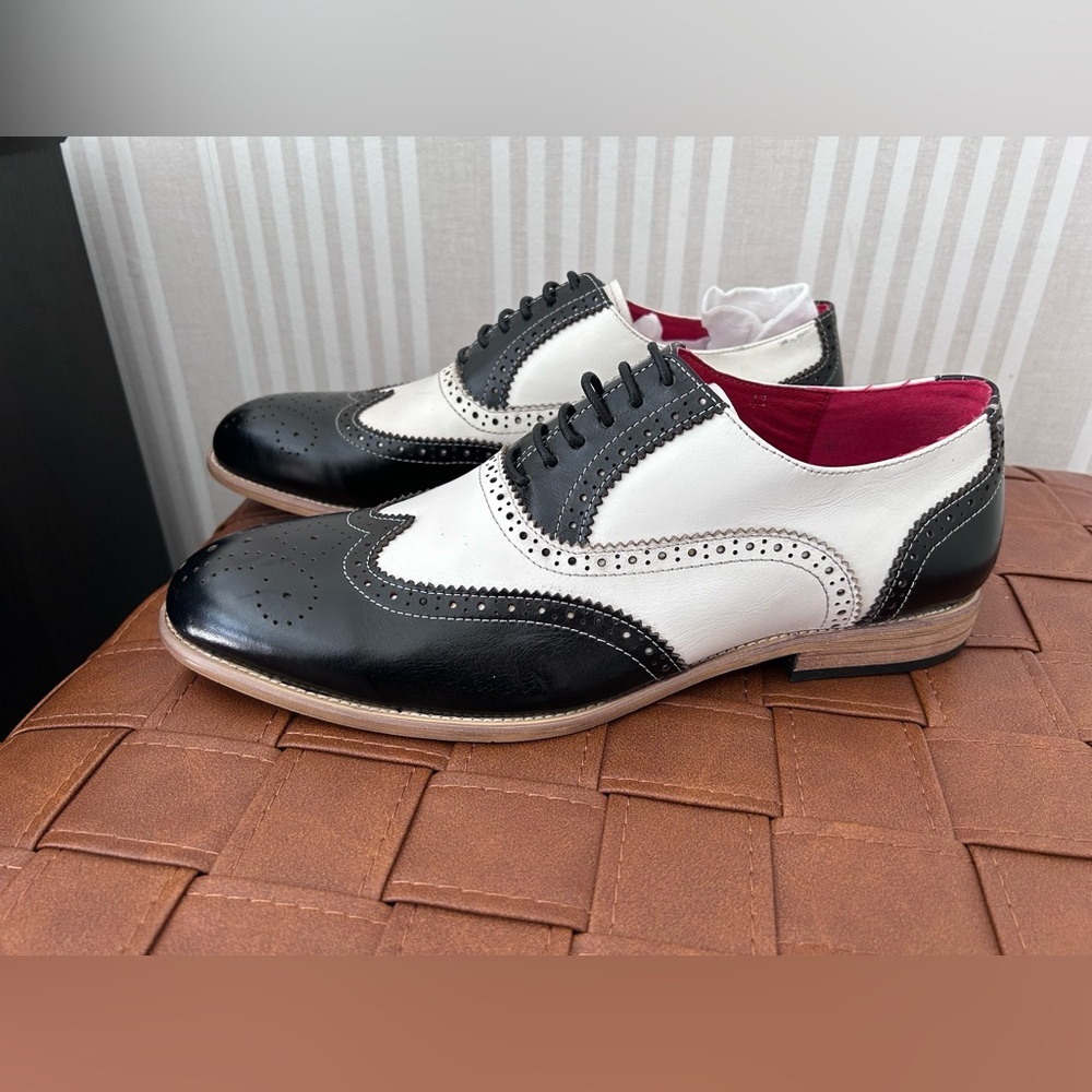 Fiesso FI-7400 Black/White Leather Wingtip Oxfords Men’s Size 42/ US 9 - Picture 3 of 9